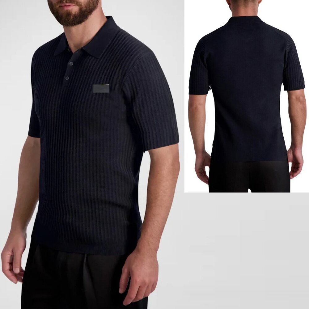 NWT New Karl Lagerfeld Paris Cotton Blend Black Rib Knit Polo Shirt Size L